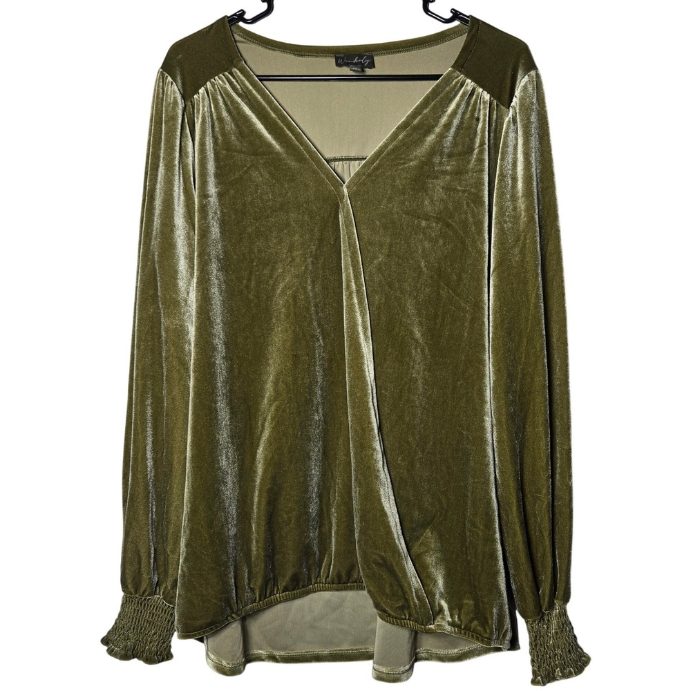 Wonderly Women Green Velvet Vneck Top XL Whimsigoth Fairy Witchy Holiday Stretch
